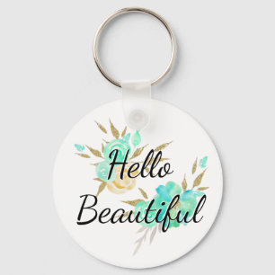Cute Girly Hello Beautiful Gold & Blue Floral Key Ring