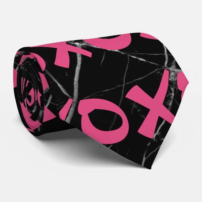 Cute girly hot pink black marble xoxo hugs kisses tie (Rolled)