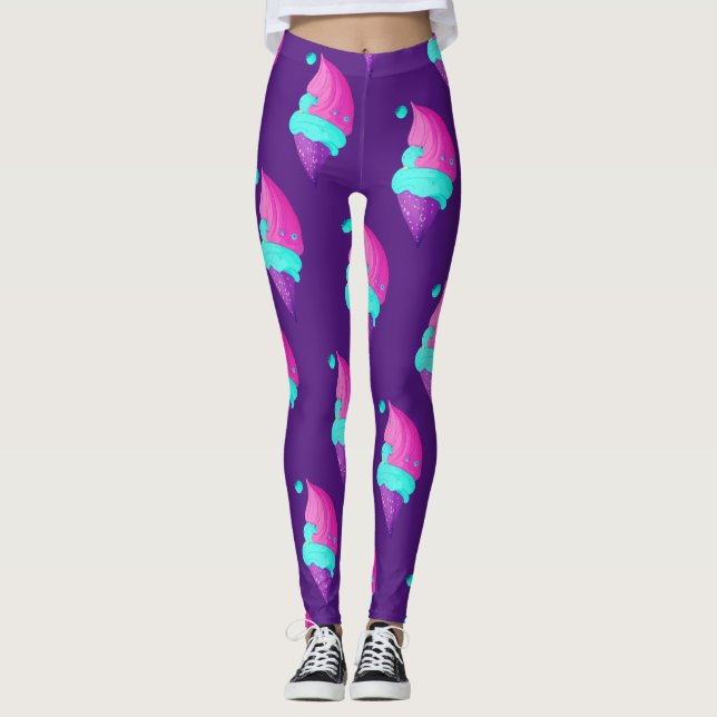 Cute Girly Hot Pink Blue Purple Ice Cream Pattern  Leggings (Front)