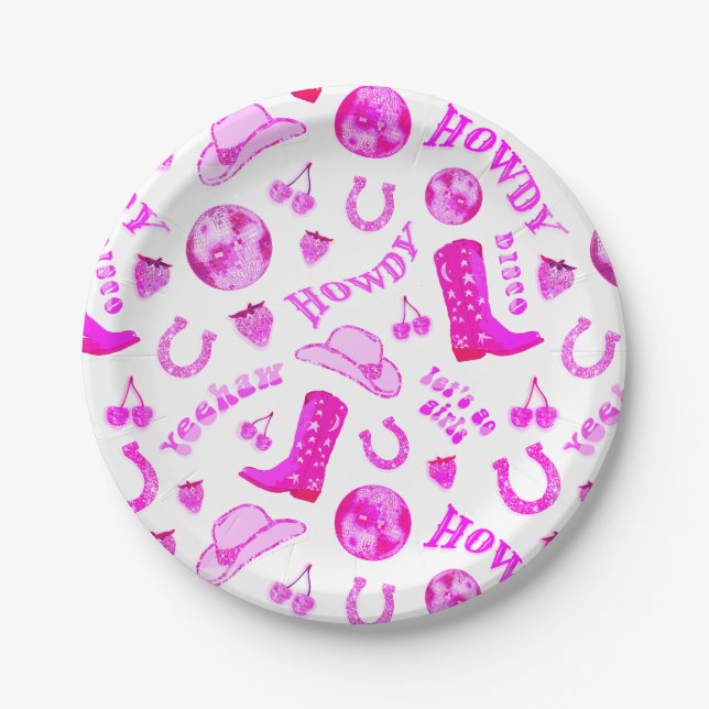 Cute Girly Hot Pink Disco Cowgirl Aesthetic Paper Plate (Front)