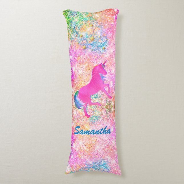 Cute girly hot Pink Rainbow unicorn Glitter Body Cushion (Front Vertical)