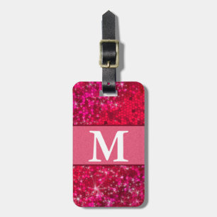 Cute Girly Hot Pink Red Glitter Monogram Contact Luggage Tag