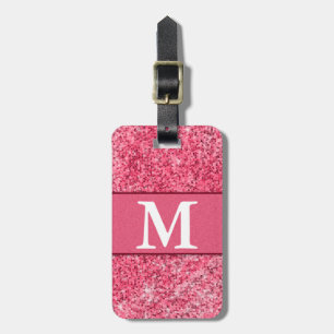 Cute Girly Hot Pink Red Glitter Monogram Contact Luggage Tag