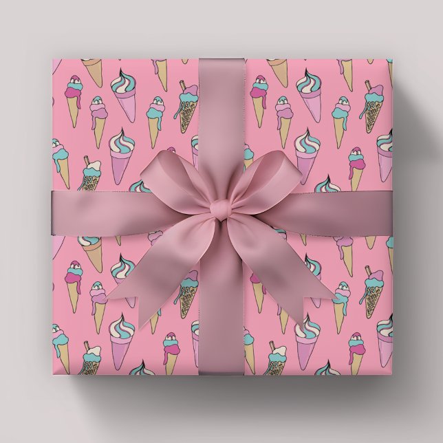 Cute Girly Ice Cream Cone Pattern Wrapping Paper Sheet (Pink Ice Cream wrapping paper sheets. Matching items available.)