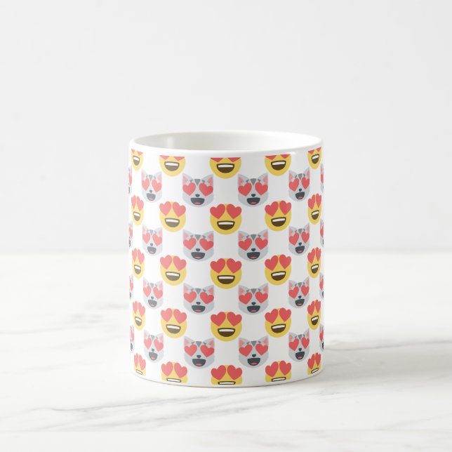 Cute Girly In Love Hearts Cat Emoji Pattern Coffee Mug (Center)