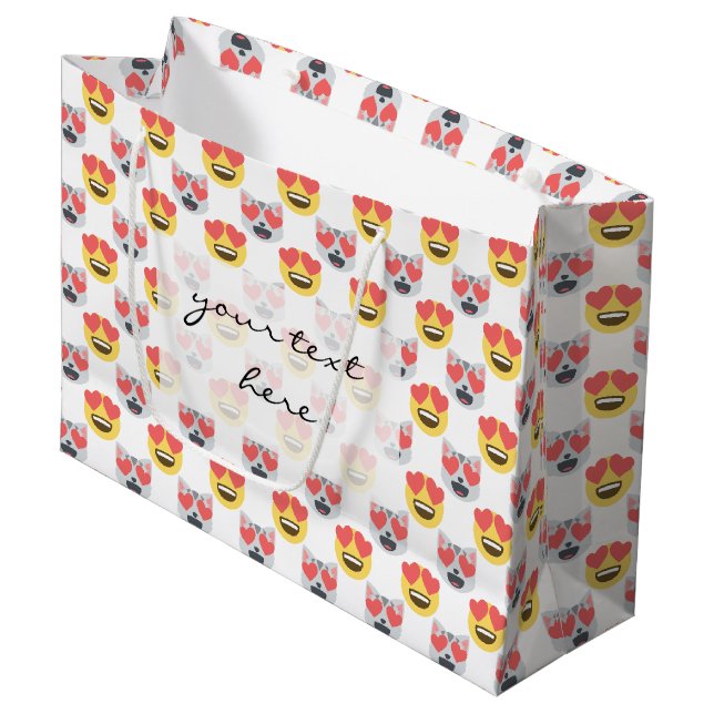 Cute Girly In Love Hearts Cat Emoji Pattern Large Gift Bag (Front Angled)