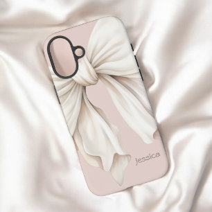 Cute Girly Ivory White Bow on Pink with Name iPhone 16 Plus Case