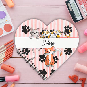 Cute girly Kittens & paws, red striped heart shape Notebook