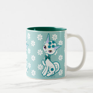 Cute Girly Kitty Cat Aqua Blue Two-Tone Coffee Mug