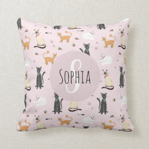 Cute Girly Kitty Cat Pattern Monogram Name Kids Cushion