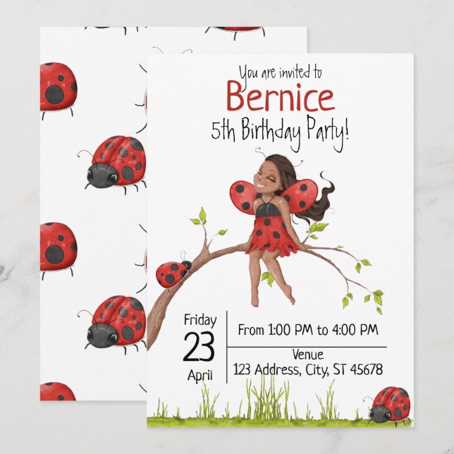 Cute Girly LadyBug 5th Birthday Invitation (Front/Back)