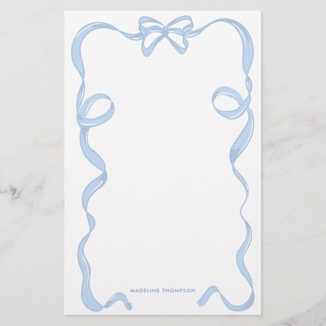 Cute Girly Light Blue Bow Ribbon Frame Stationery (Front)