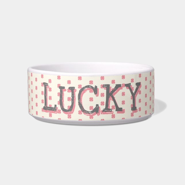 Cute Girly Lucky Pink Clover Pattern Name Bowl (Front)