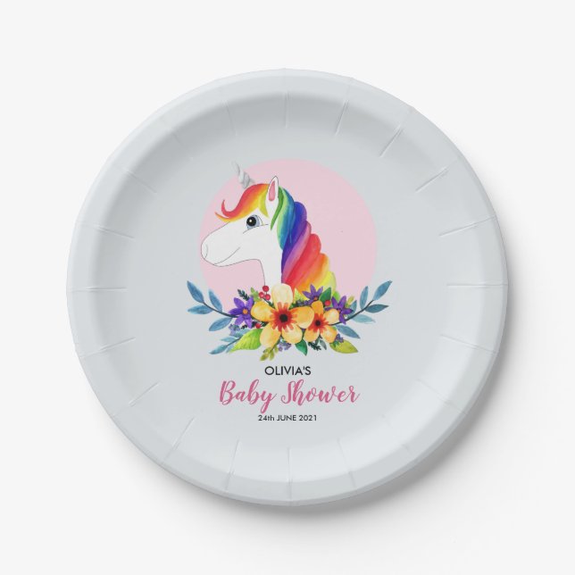 Cute Girly Magical Unicorn and Flowers Baby Shower Paper Plate (Front)