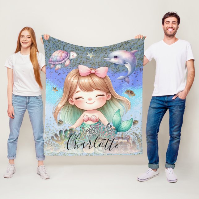 Cute Girly "Mermaid Under The Sea" Blonde Hair Fleece Blanket (In Situ)