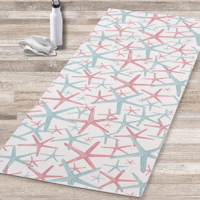 Cute Girly Modern Beach Yoga Mat (Fun Teal Pink Nautical Starfish Meditation Beach Yoga Mat)
