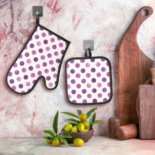 Cute Girly Modern Elegant Polka Dots White Purple Oven Mitt & Pot Holder Set