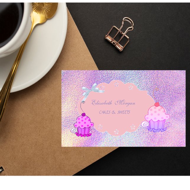 Cute Girly Modern, Holographic Cupcake Bakery Business Card (Creator Uploaded)