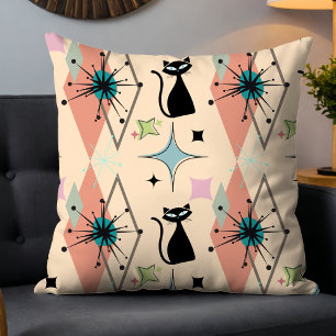 Cute Girly Modern Mid-Century Stars & Cat Peach Cushion