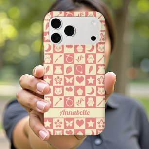 Cute Girly Modern Pink Chequered Icons Pattern