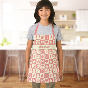 Cute Girly Modern Pink Chequered Icons Pattern Apron