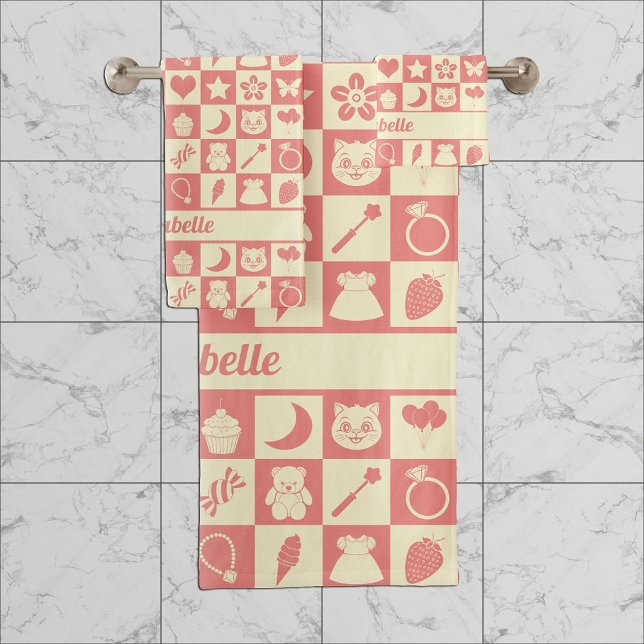Cute Girly Modern Pink Chequered Icons Pattern Bath Towel Set (Creator Uploaded)