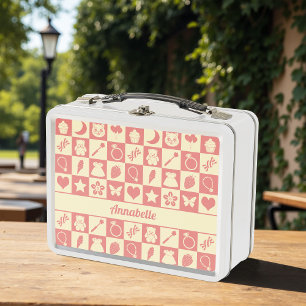 Cute Girly Modern Pink Chequered Icons Pattern Metal Lunch Box