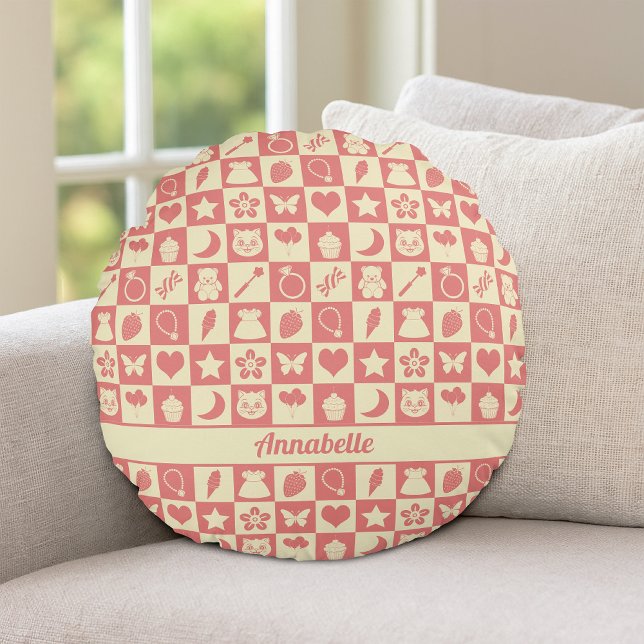 Cute Girly Modern Pink Chequered Icons Pattern Round Cushion (Creator Uploaded)