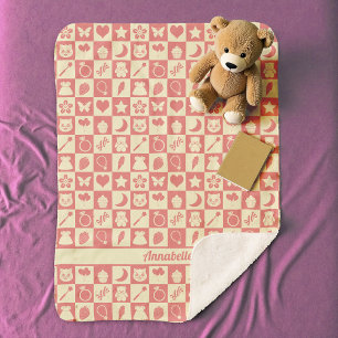 Cute Girly Modern Pink Chequered Icons Pattern Sherpa Blanket