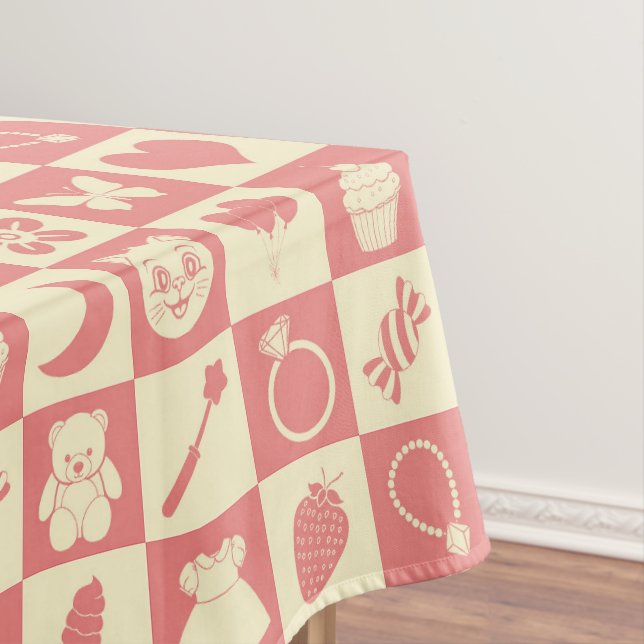 Cute Girly Modern Pink Chequered Icons Pattern Tablecloth (In Situ)