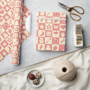 Cute Girly Modern Pink Chequered Icons Pattern Wrapping Paper