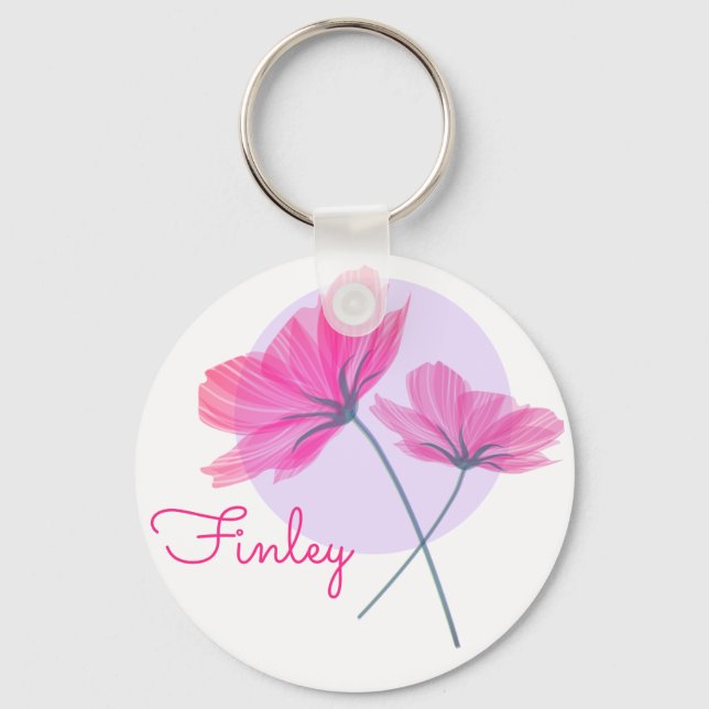 Cute & Girly Modern Pink Flowers Chic Custom Name Key Ring (Front)
