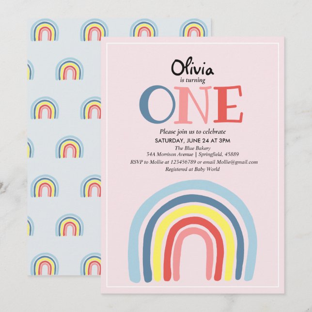 Cute Girly Modern Rainbow and Name 1st Birthday Invitation (Front/Back)