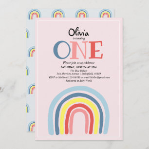 Cute Girly Modern Rainbow and Name 1st Birthday Invitation