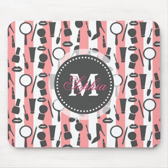 Cute girly  monogram cosmetics stripes pattern mouse mat (Front)