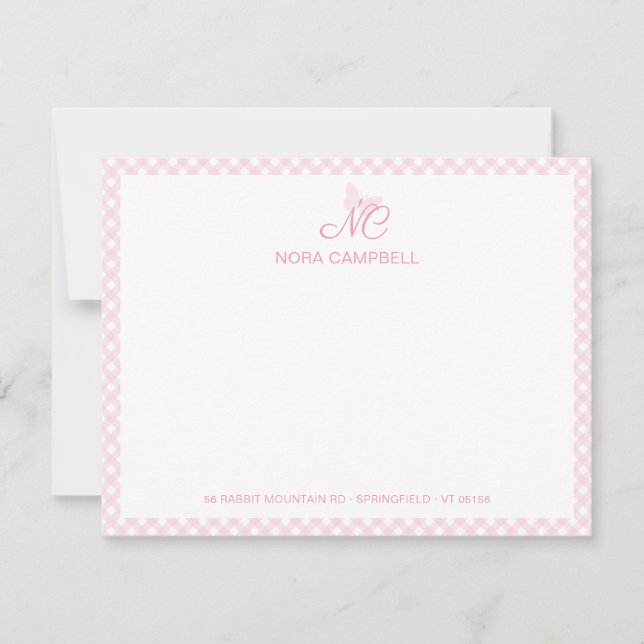 Cute Girly Monogram Name Baby Pink Gingham Checks Card (Front)
