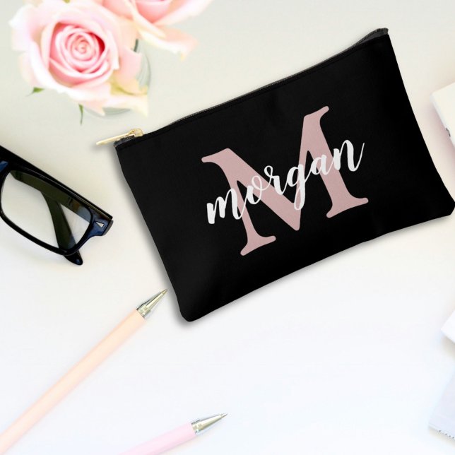 Cute Girly Monogrammed Bridesmaid Gift | Black Accessory Pouch (Creator Uploaded)