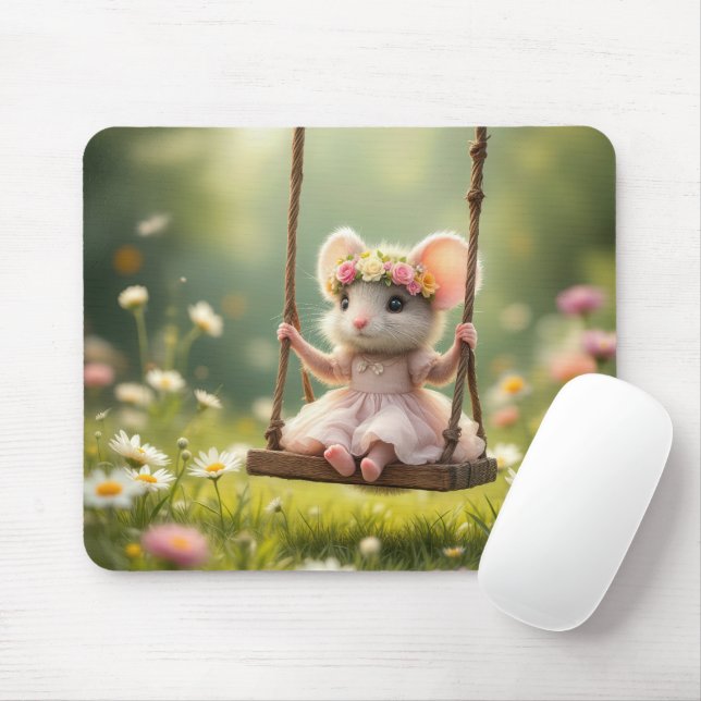 Cute Girly Mouse On a Swing Mouse Mat (With Mouse)