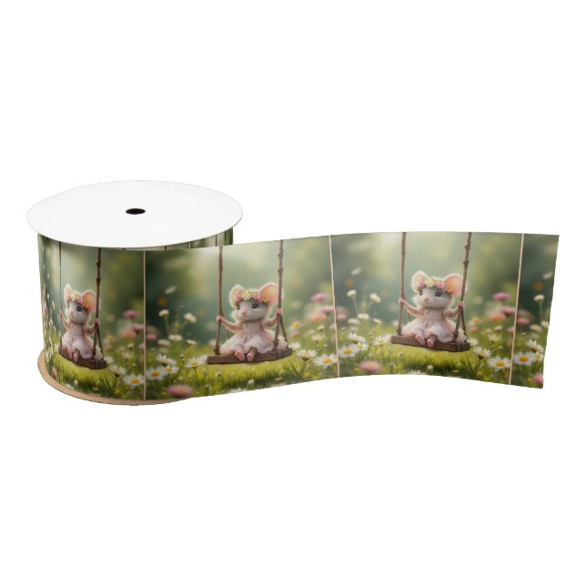 Cute Girly Mouse On a Swing Satin Ribbon (Spool)