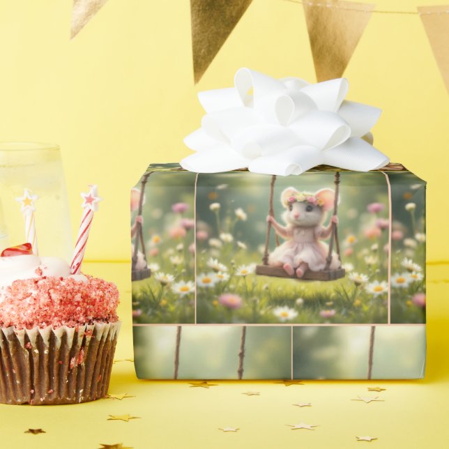 Cute Girly Mouse On a Swing Wrapping Paper (Birthday Party)