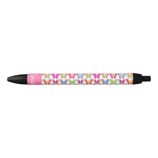 Cute Girly Multicolor Rainbow Butterflies Name Black Ink Pen (Front)