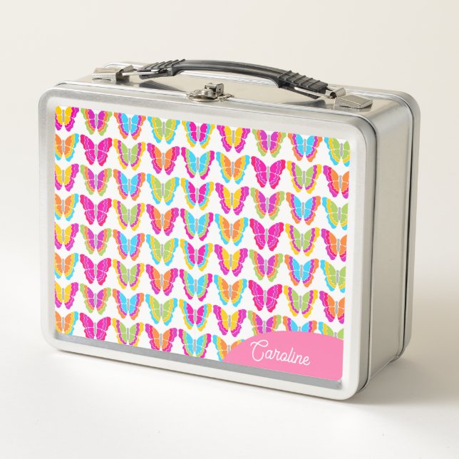 Cute Girly Multicolor Rainbow Butterflies Name Metal Lunch Box (Front)