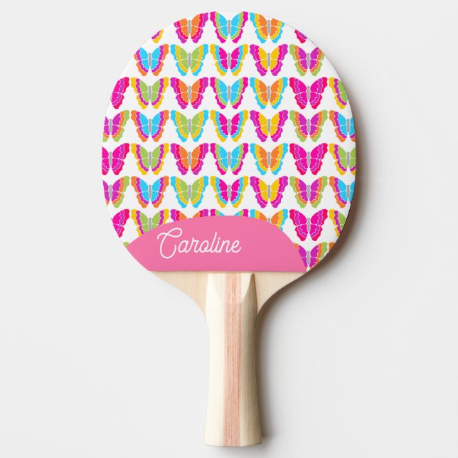 Cute Girly Multicolor Rainbow Butterflies Name Ping Pong Paddle (Front)