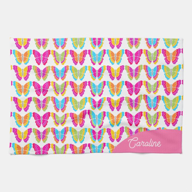 Cute Girly Multicolor Rainbow Butterflies Name Tea Towel (Horizontal)