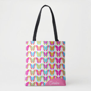 Cute Girly Multicolor Rainbow Butterflies Name Tote Bag