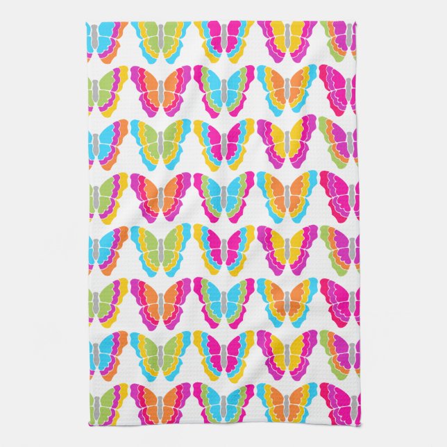Cute Girly Multicolor Rainbow Butterfly Pattern  Tea Towel (Vertical)