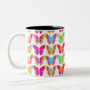 Cute Girly Multicolor Rainbow Butterfly Pattern Two-Tone Coffee Mug