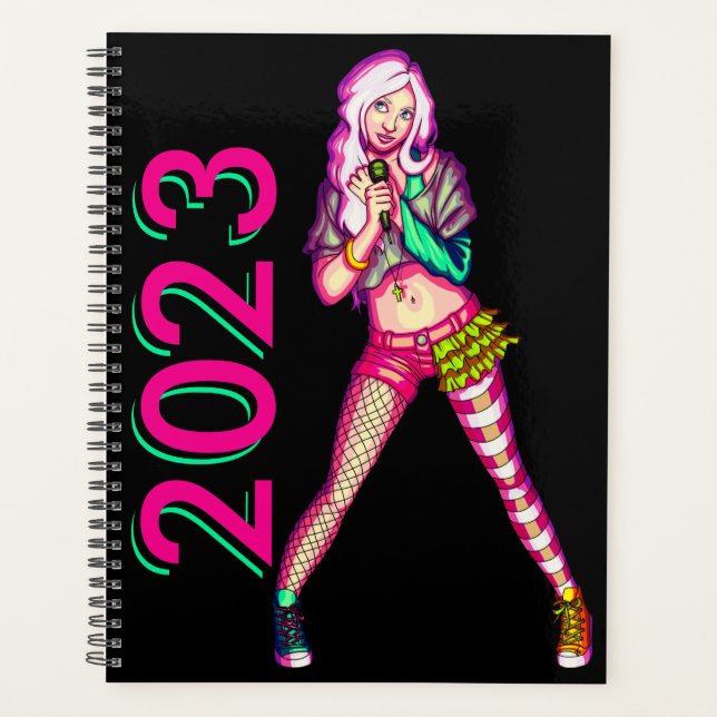 Cute Girly Neon Teen Popstar Illustration Planner (Front)