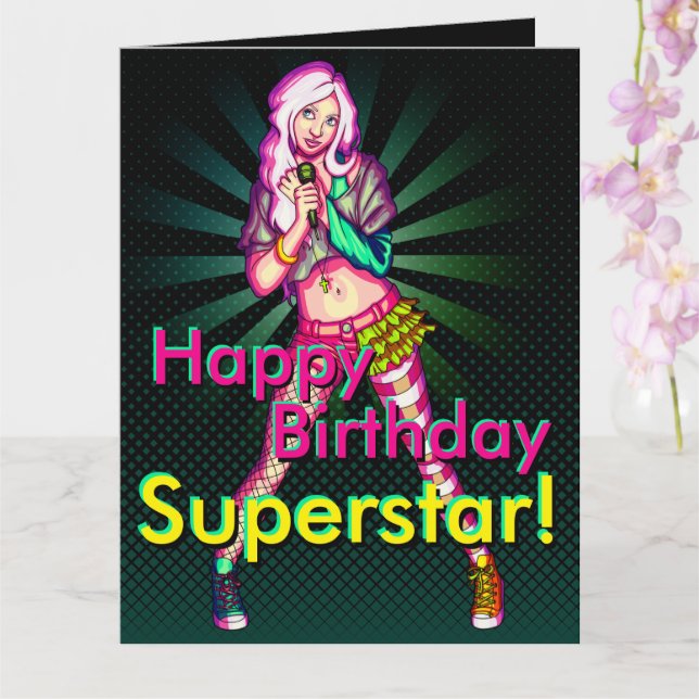 Cute Girly Neon Teen Superstar Birthday Card (Orchid)