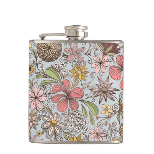 Cute Girly Old Rose Pink Floral Doodles Design Hip Flask